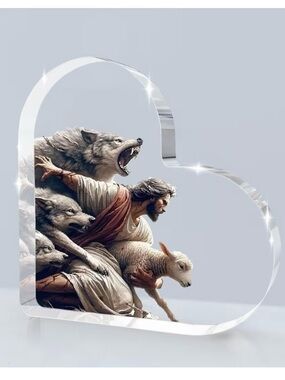 Christian Shepherd Acrylic Heart Art - White and Brown